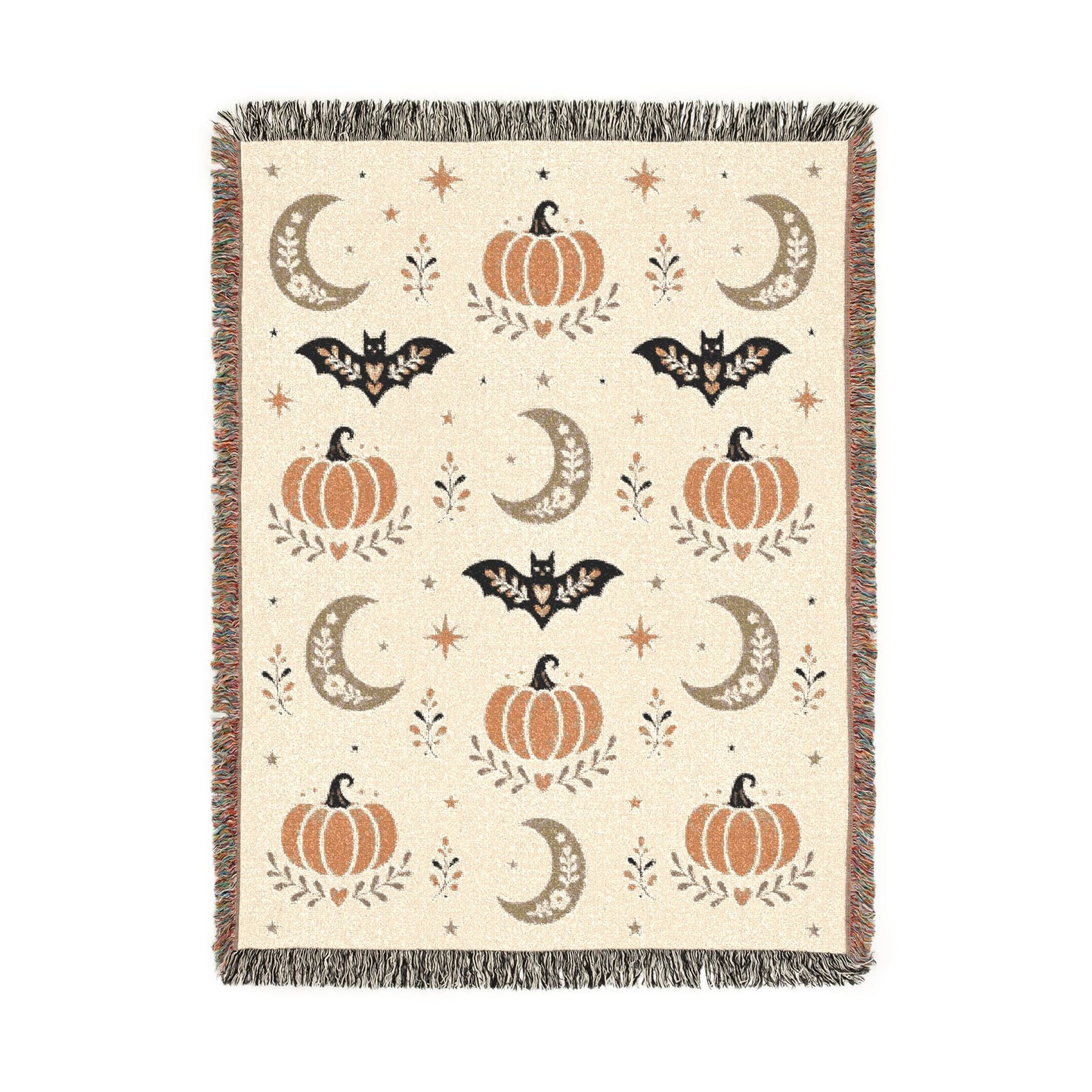 The "Subtle Spooky" Neutral Halloween Woven Blanket | Boho Fall Throw, Beige Autumn Decor