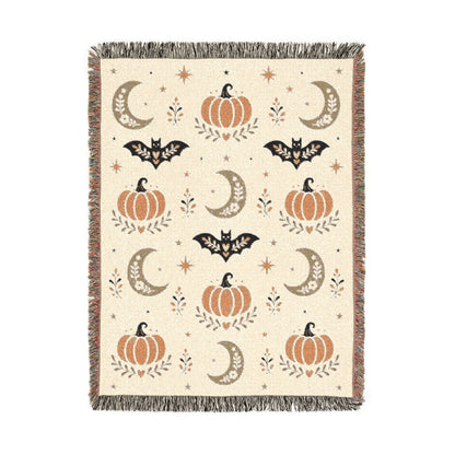 The "Subtle Spooky" Neutral Halloween Woven Blanket | Boho Fall Throw, Beige Autumn Decor