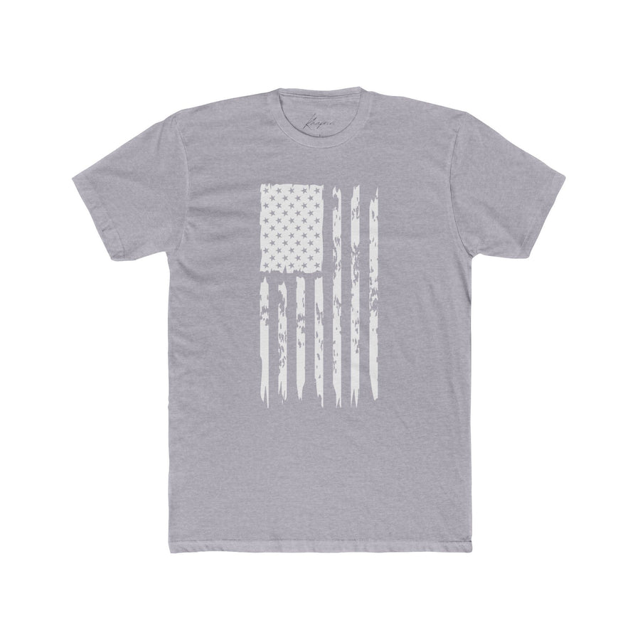 Distressed USA flag tee in heather grey, flat on white