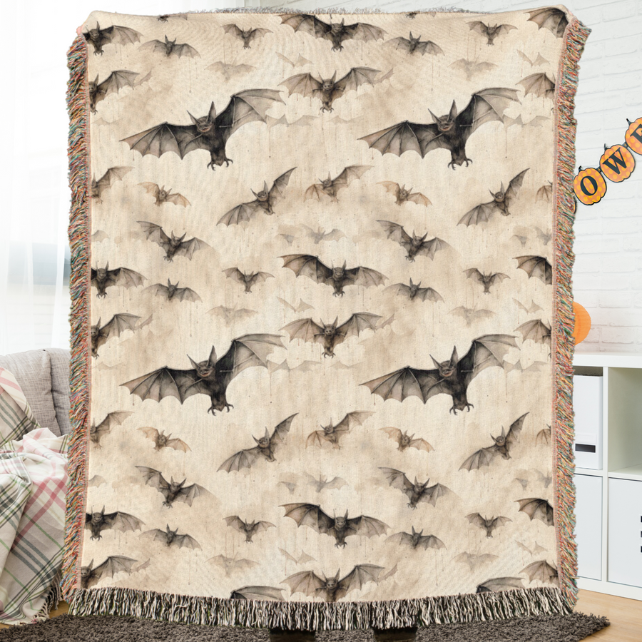Bat woven tapestry hung on a wall as gothic Halloween decor
