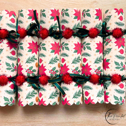 Handmade Traditional Christmas Crackers with Snaps - Red & Green Flower Design