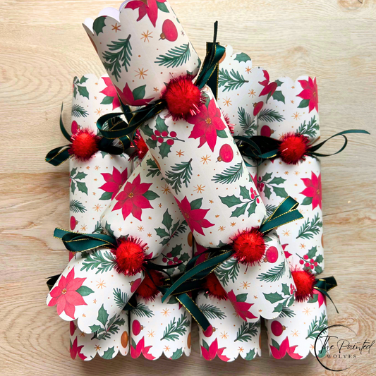 Handmade Traditional Christmas Crackers with Snaps - Red & Green Flower Design