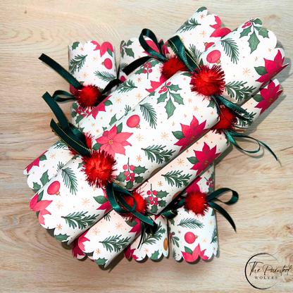 Handmade Traditional Christmas Crackers with Snaps - Red & Green Flower Design