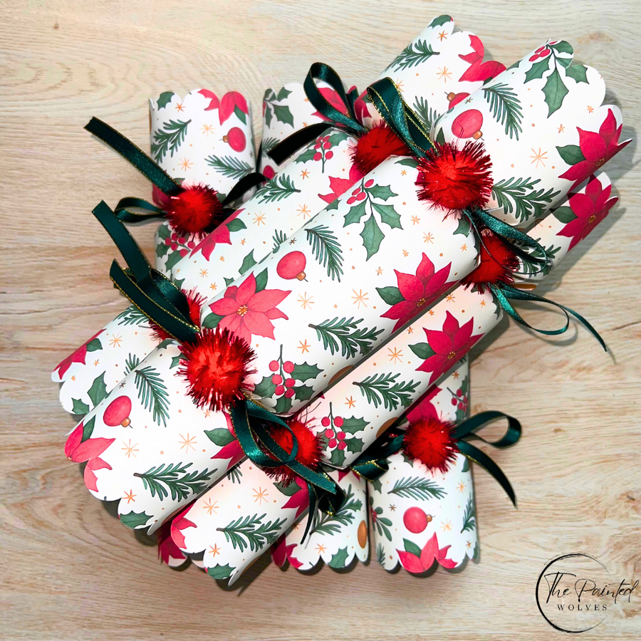 Luxury Christmas crackers stacked, red and green floral design