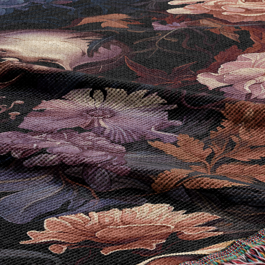 Close up of the skull woven blanket weave and the floral detail around the skull