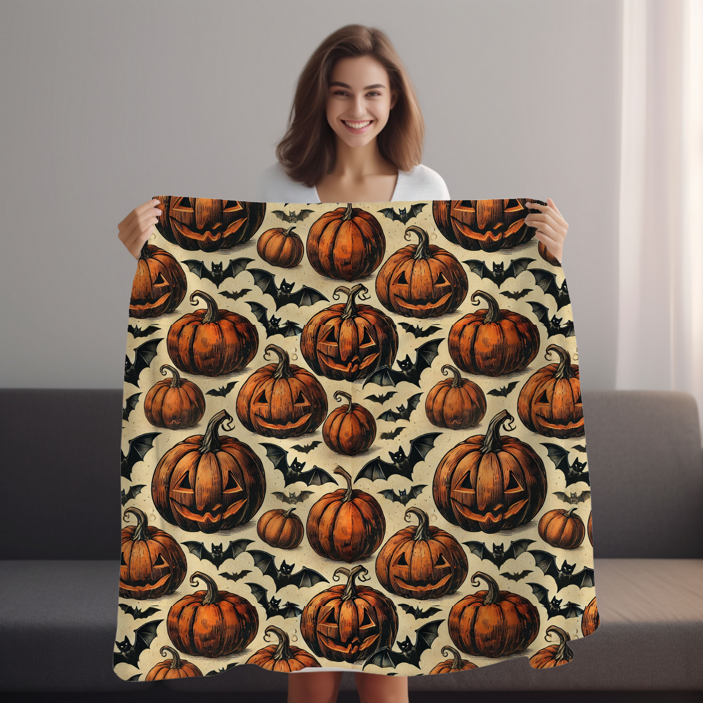 Pumpkin and Bat Blanket - Halloween Fleece Throw for Spooky Snuggles