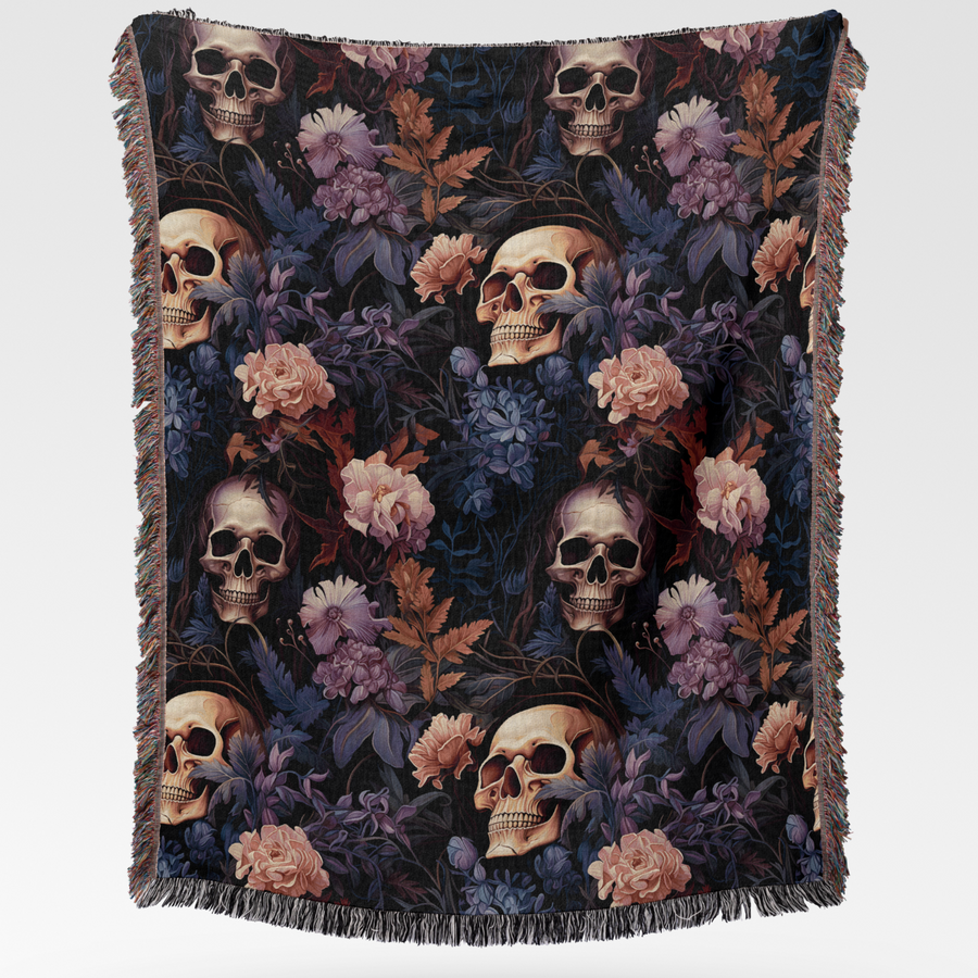 Folded skull woven blanket showing the jacquard weave on the reverse side