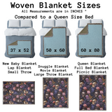 Size guide for the skull woven blanket in 52x37, 50x60 and 60x80 inch