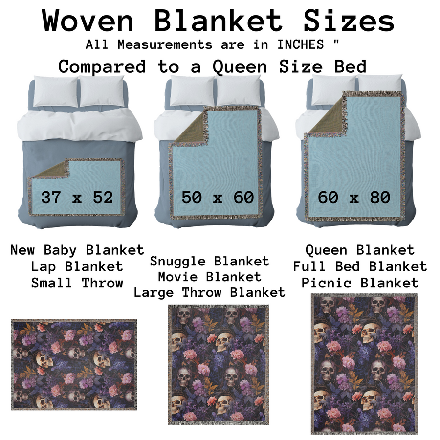 Size guide for the skull woven blanket in 52x37, 50x60 and 60x80 inch