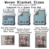 Size guide for the pink skeleton couple woven blanket in 52x37, 50x60 and 60x80 inch