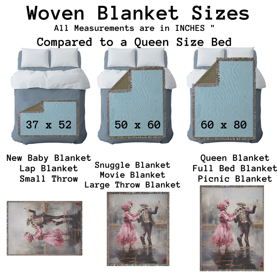 Size guide for the pink skeleton couple woven blanket in 52x37, 50x60 and 60x80 inch