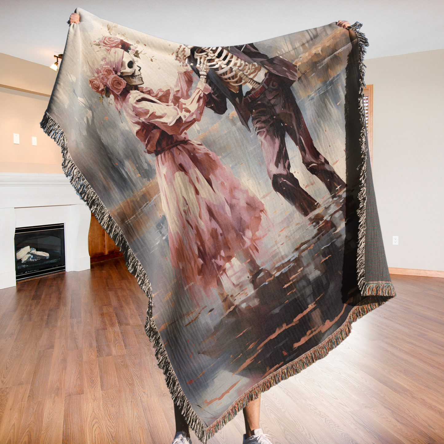 Till Death Do Us Part: Pink Skeleton Couple Woven Tapestry