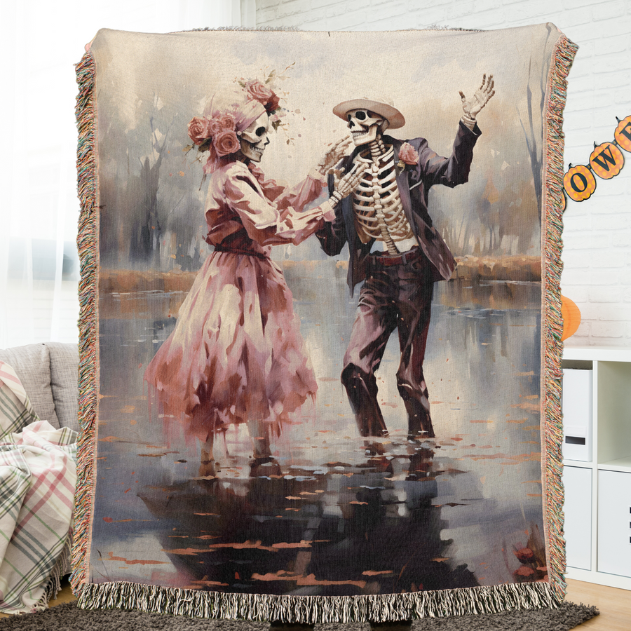 Pink skeleton couple woven blanket flat, two skeletons embracing in a Till Death Do Us Part design