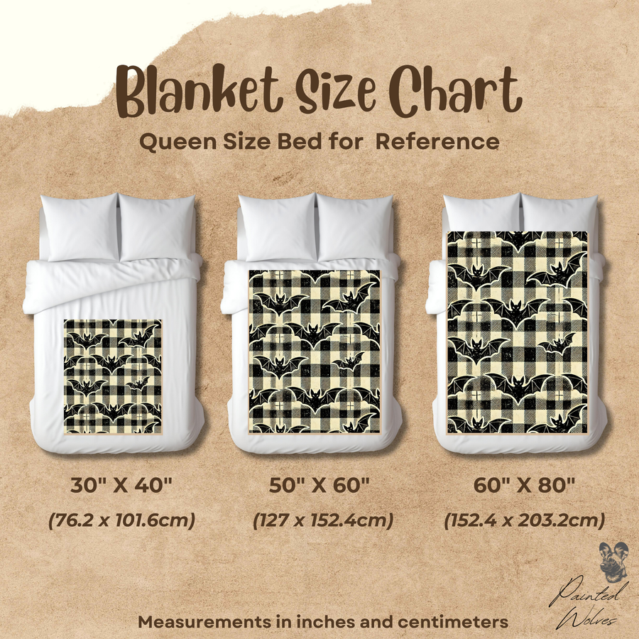 Size chart for the bat plaid Halloween blanket, 30x40, 50x60 and 60x80 inch shown against a queen bed