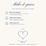 How personalization works and size guide, heart ornament about 3 inches, printed on both sides