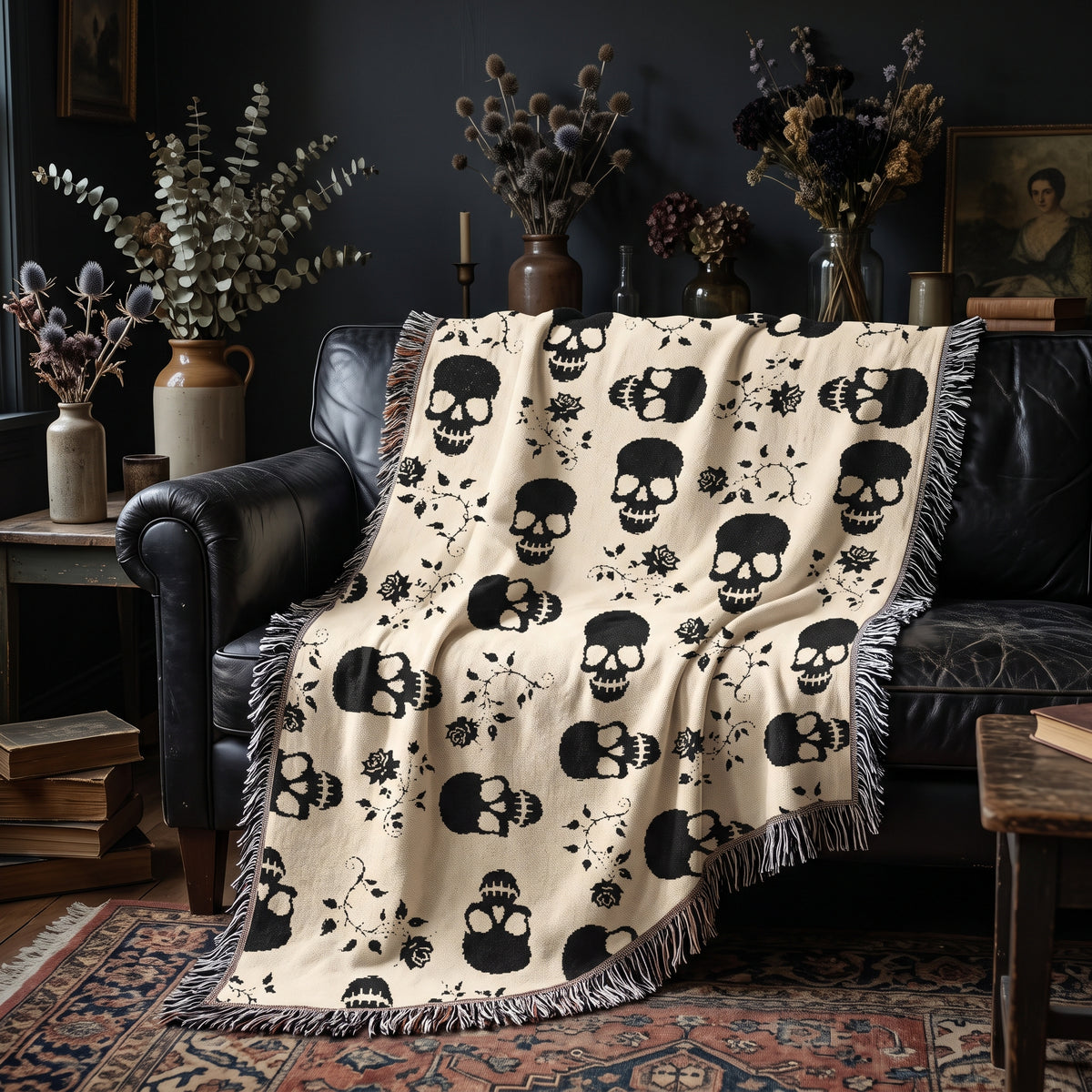 Black skull woven blanket draped over a black leather sofa in a moody living room