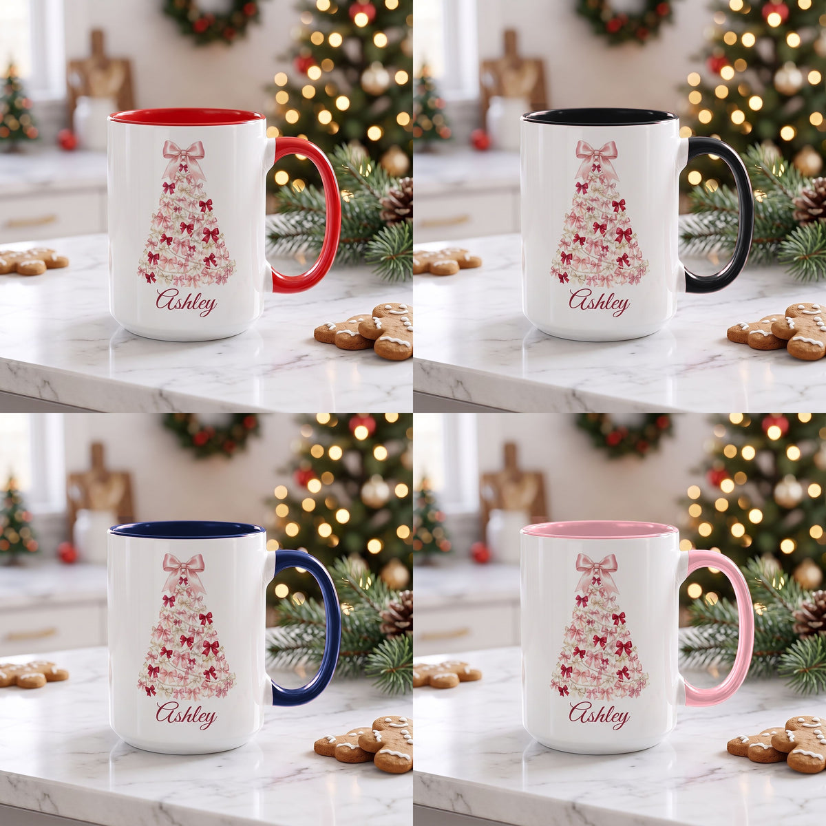 Coquette bow tree mug in red, black, navy and pink handle colors