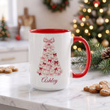Coquette bow Christmas tree mug with name, red handle