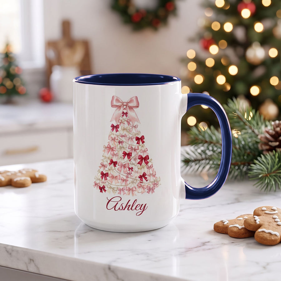 Coquette bow tree mug with navy handle