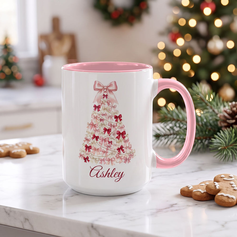 Coquette bow tree mug with pink handle