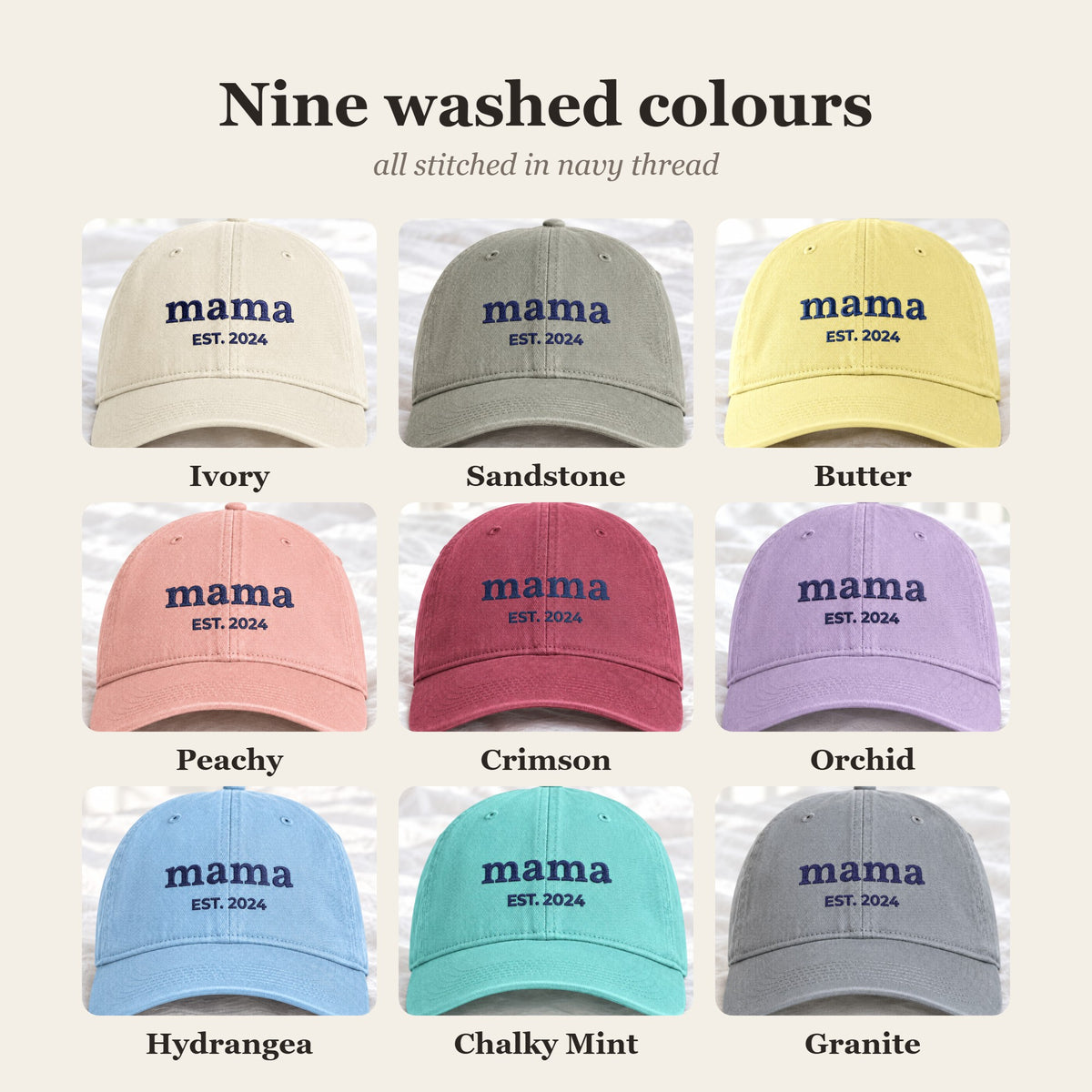 Colour chart of nine washed cap colours