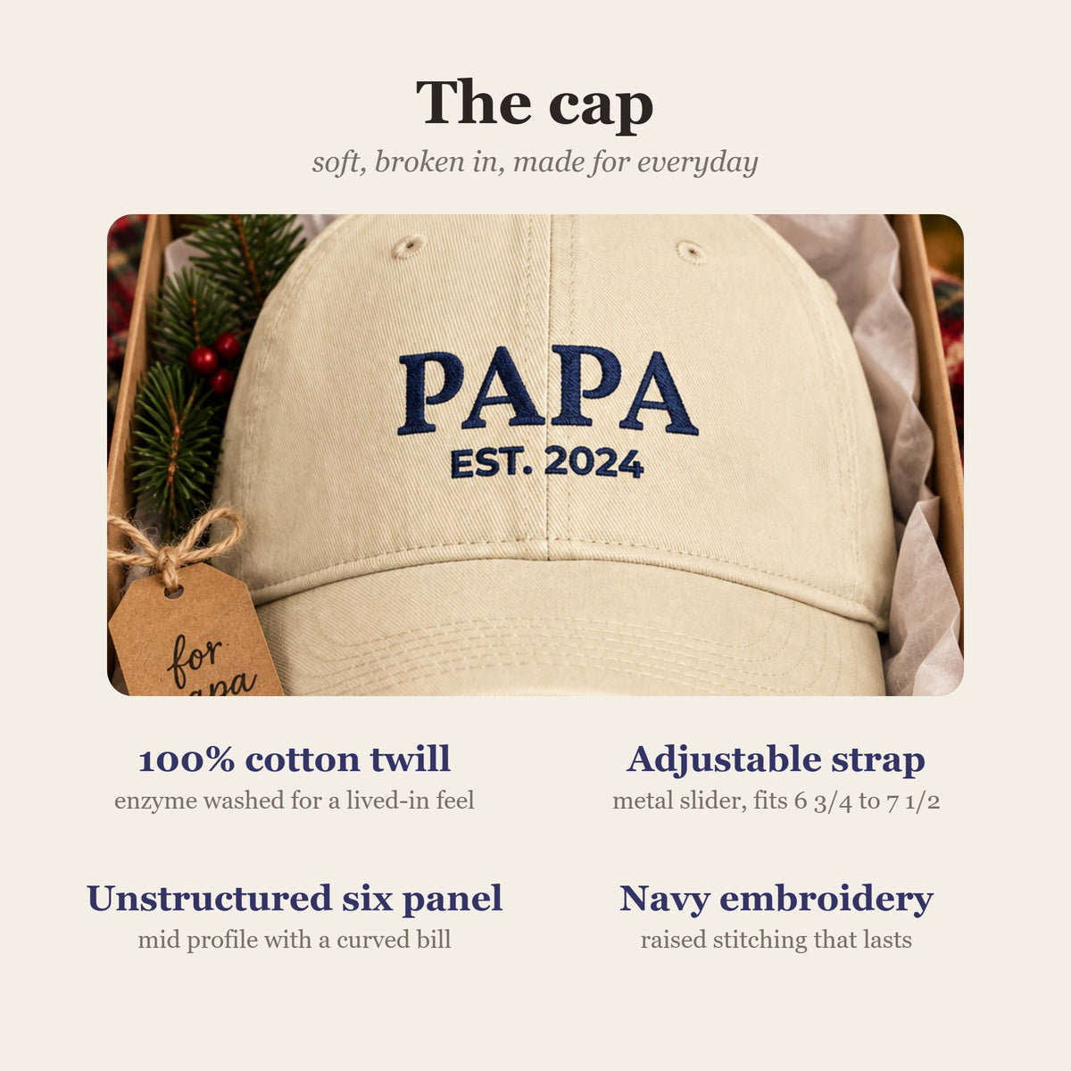 Papa hat details and fit