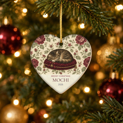 Personalized Cat Christmas Ornament, Meowy Christmas Heart Ornament with Name
