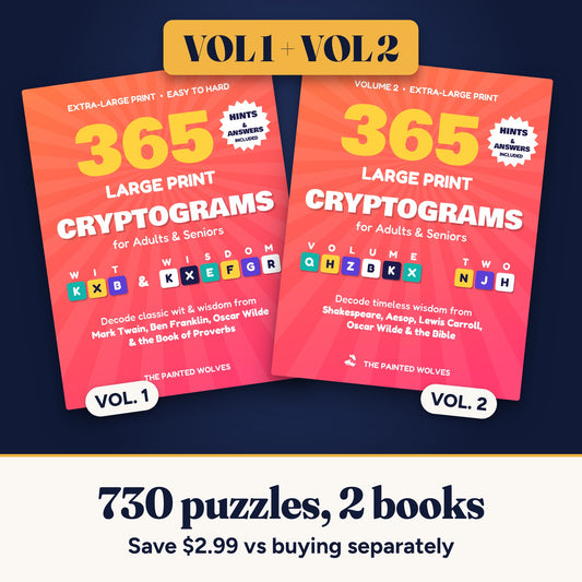 Large Print Cryptograms Volume 1 and Volume 2 covers side by side, bundle of 730 printable puzzles in 2 books