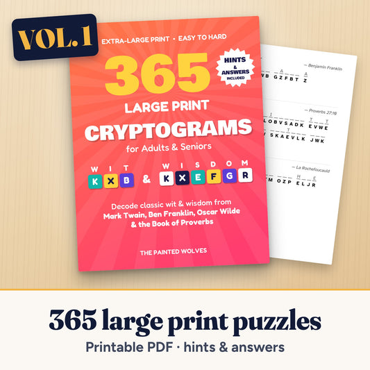 365 Large Print Cryptograms Volume 1 printable puzzle book cover with a real puzzle page on a warm wood table, labeled Vol. 1