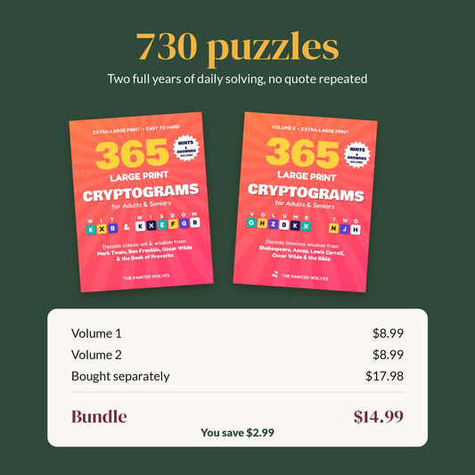 730 puzzles bundle value: Volume 1 and Volume 2 bought separately $17.98, bundle $14.99