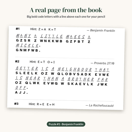 Real page from the PDF: large print cryptogram puzzle 1 by Benjamin Franklin with answers pencilled in