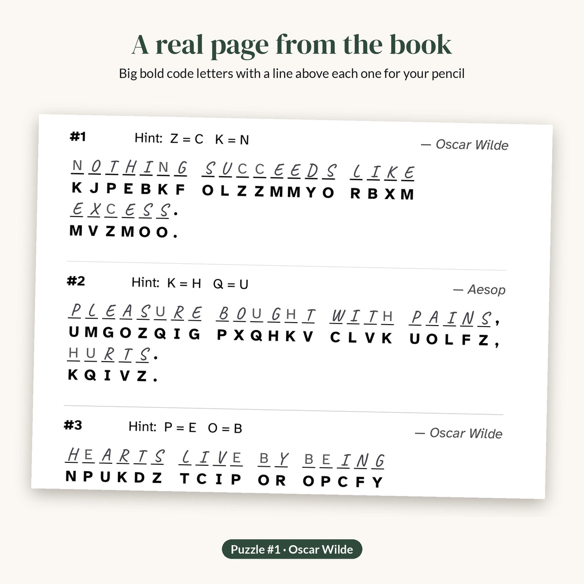 Real page from the Volume 2 PDF: puzzle 1 by Oscar Wilde with answers pencilled in
