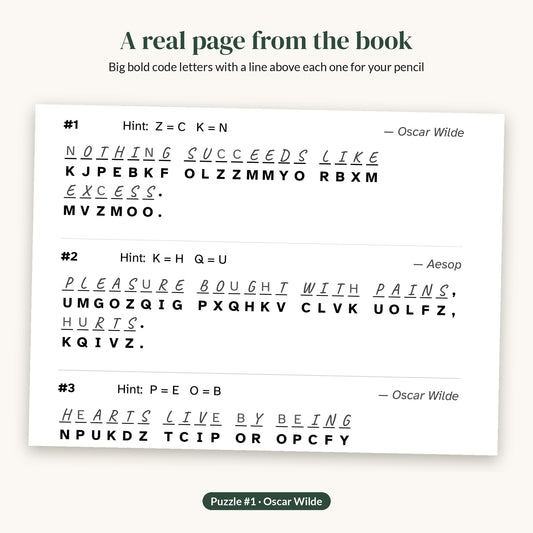 Real page from the Volume 2 PDF: puzzle 1 by Oscar Wilde with answers pencilled in