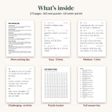 What's inside Volume 2: solving tips page, easy, medium and challenging puzzles, tracker and answer key