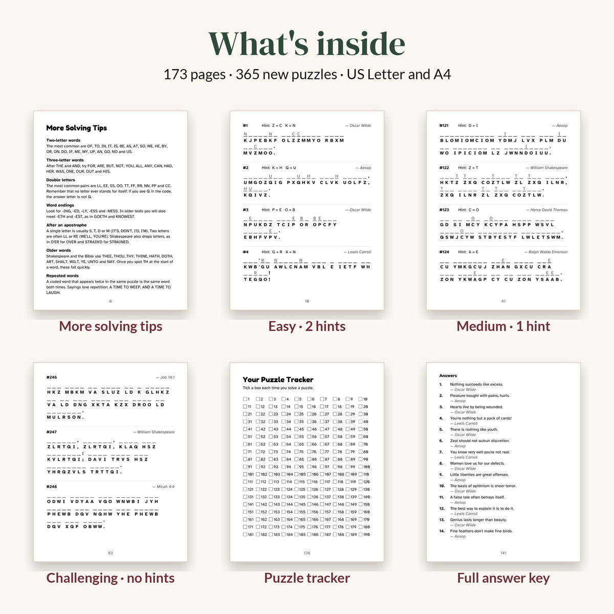 What's inside Volume 2: solving tips page, easy, medium and challenging puzzles, tracker and answer key