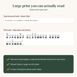 Large print comparison: typical 10pt puzzle line next to 18pt bold code letters