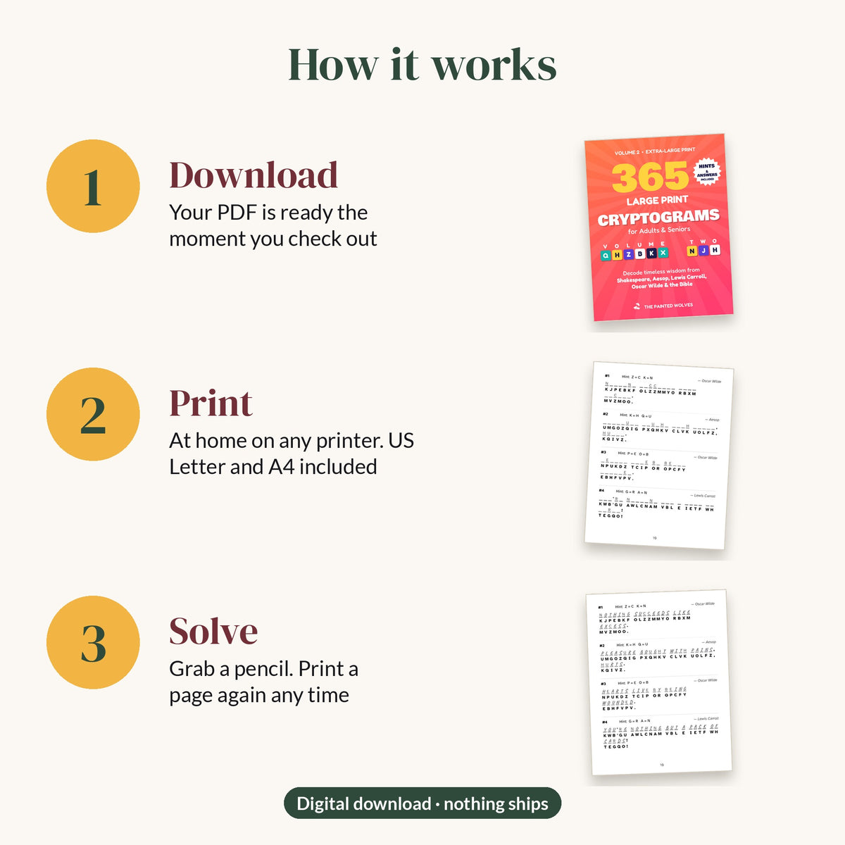 How it works: download the PDF, print at home on US Letter or A4, solve with a pencil