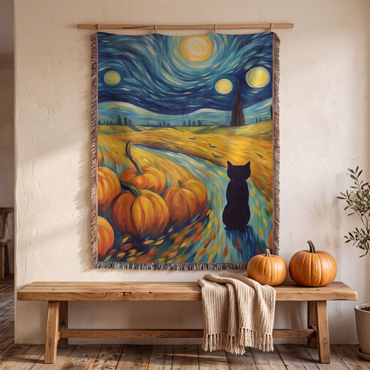 Van Gogh style Halloween woven tapestry blanket with black cat and pumpkins hanging above a farmhouse bench