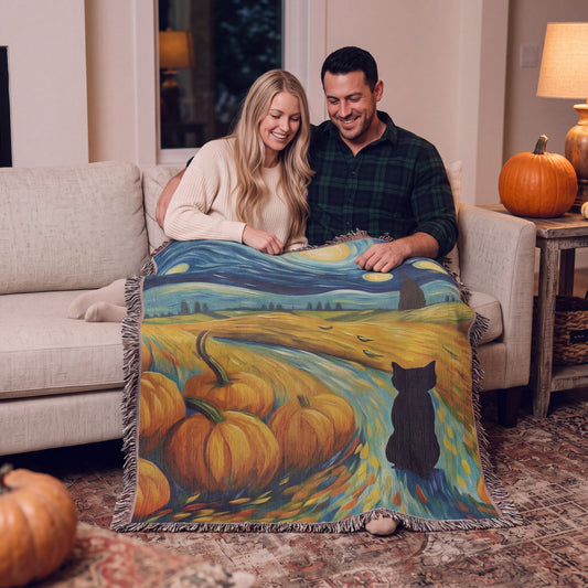 Couple on a sofa under the Starry Night Halloween woven blanket