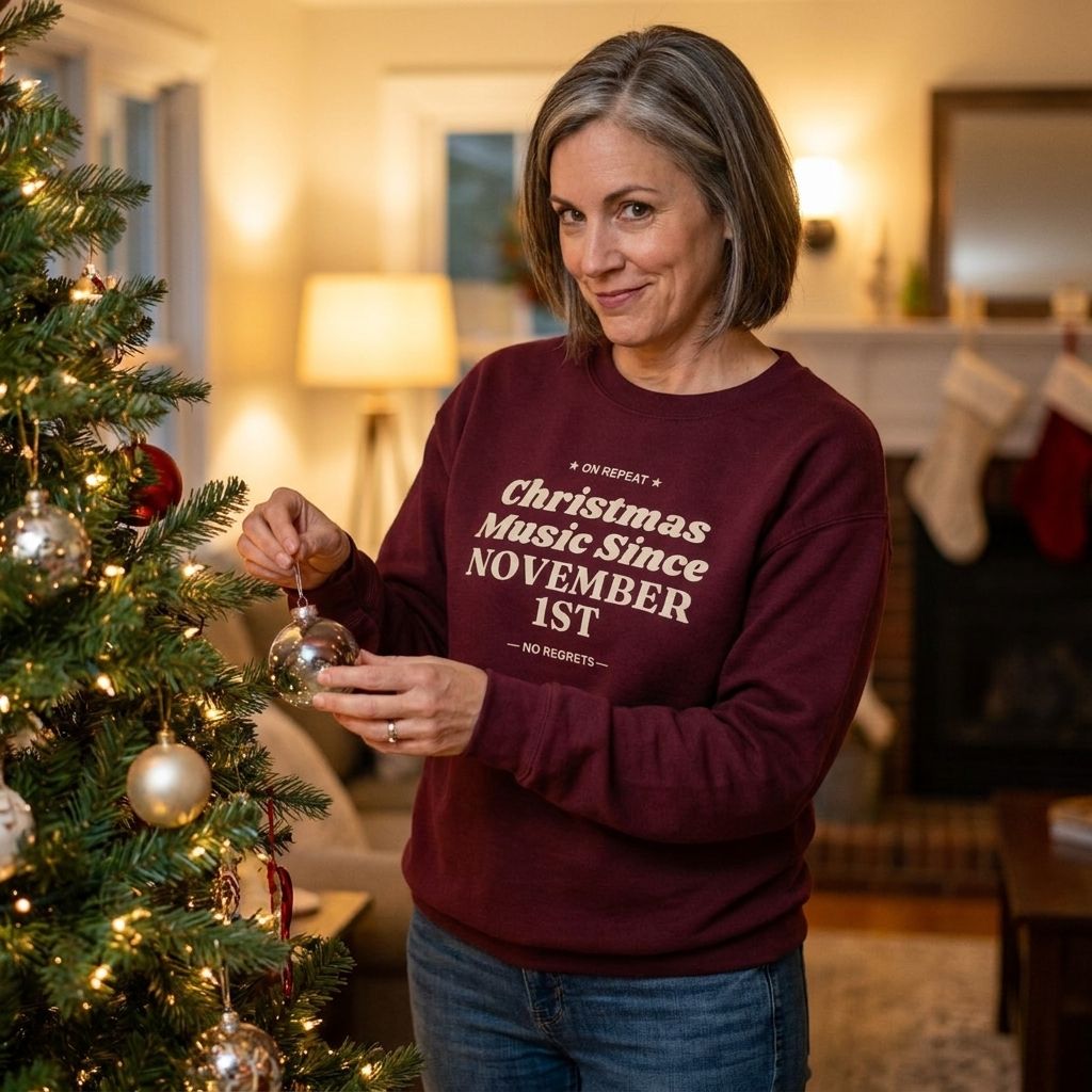 Woman hanging an ornament on the tree in the Maroon funny Christmas music sweatshirt