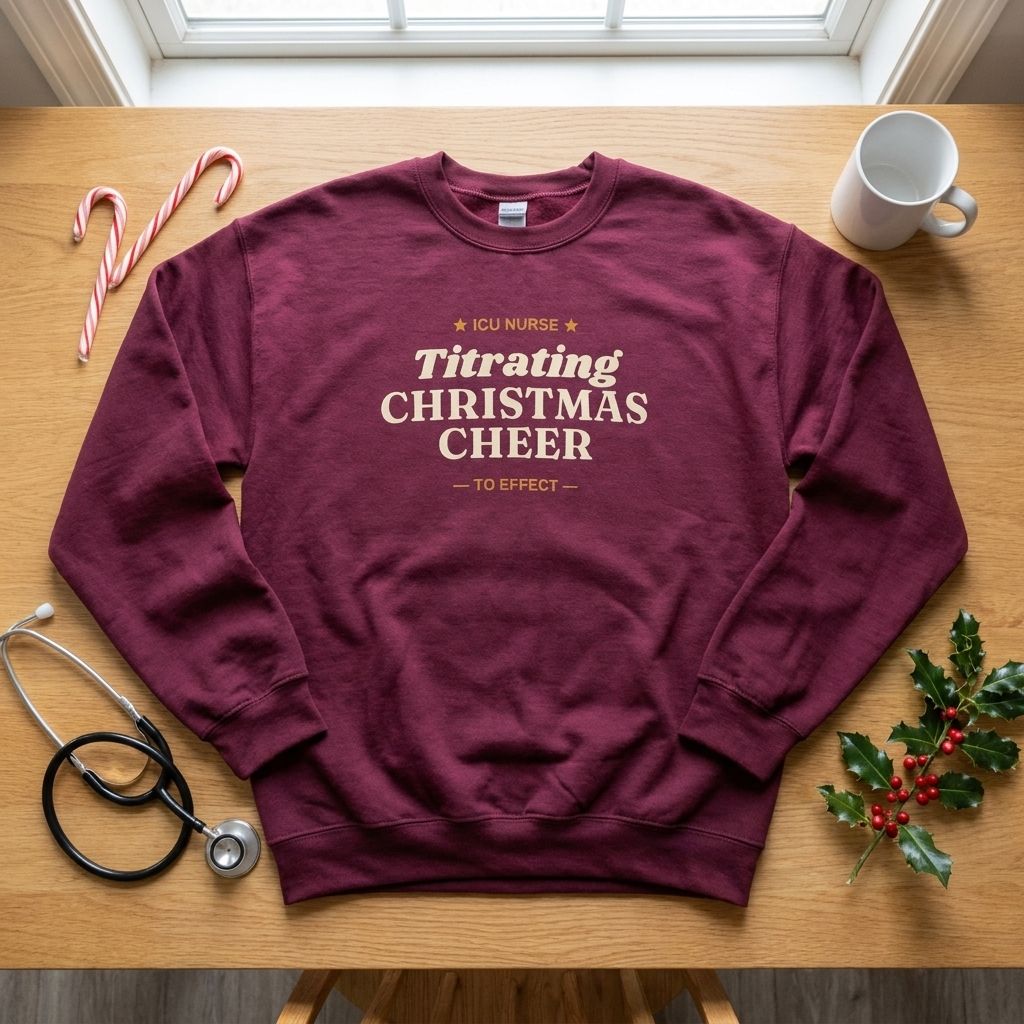 Maroon ICU nurse Christmas sweatshirt laid flat with a stethoscope, candy canes and holly