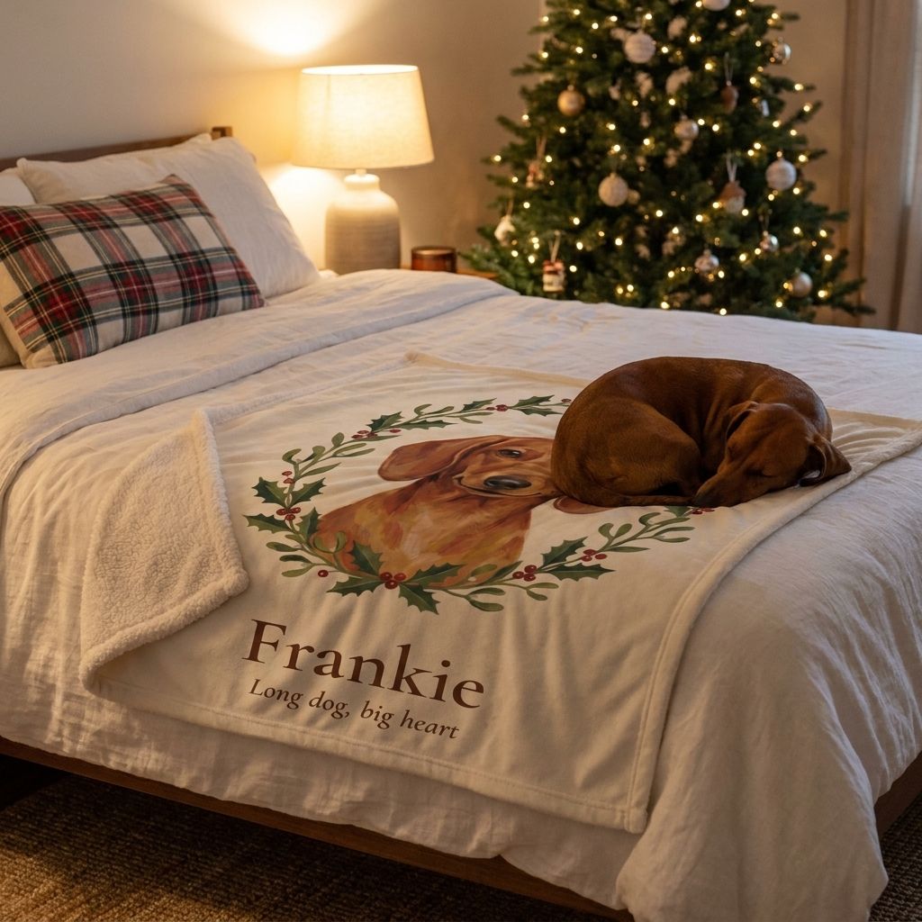Dachshund asleep on a Storybook-style custom pet portrait sherpa blanket named Frankie