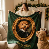 Woman laughing holding up a custom Royal-style pet portrait blanket of her goldendoodle named Sir Waffles