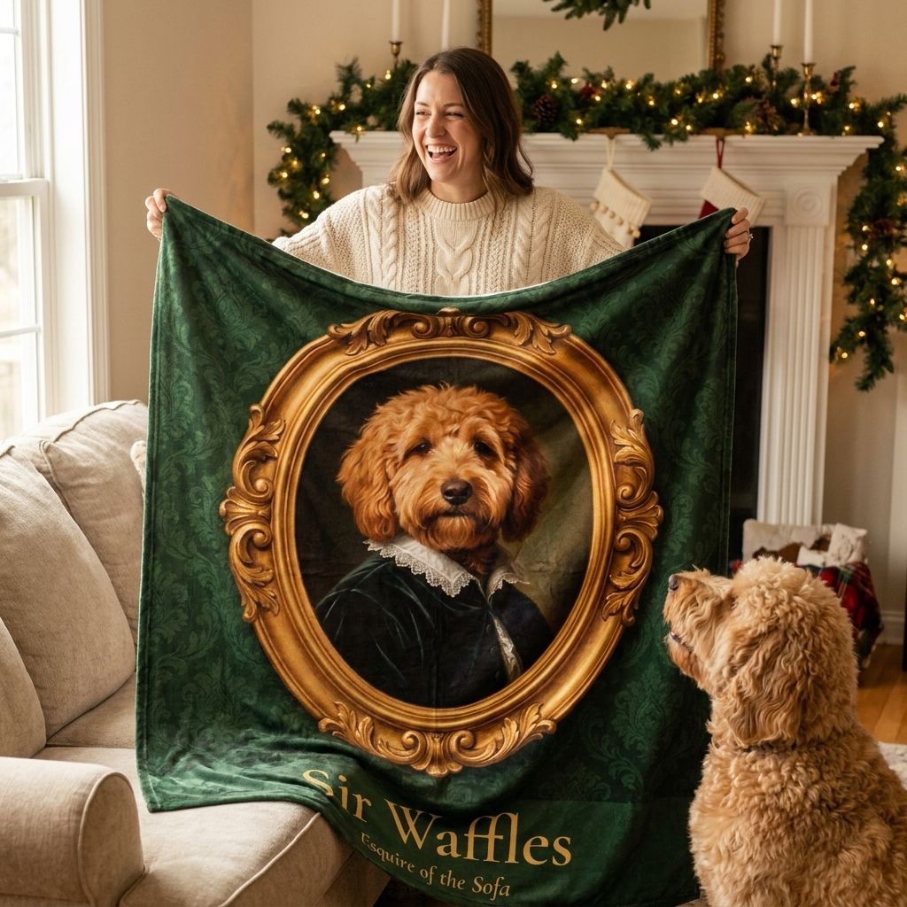 Woman laughing holding up a custom Royal-style pet portrait blanket of her goldendoodle named Sir Waffles