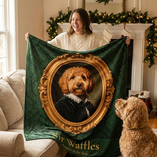 Woman laughing holding up a custom Royal-style pet portrait blanket of her goldendoodle named Sir Waffles