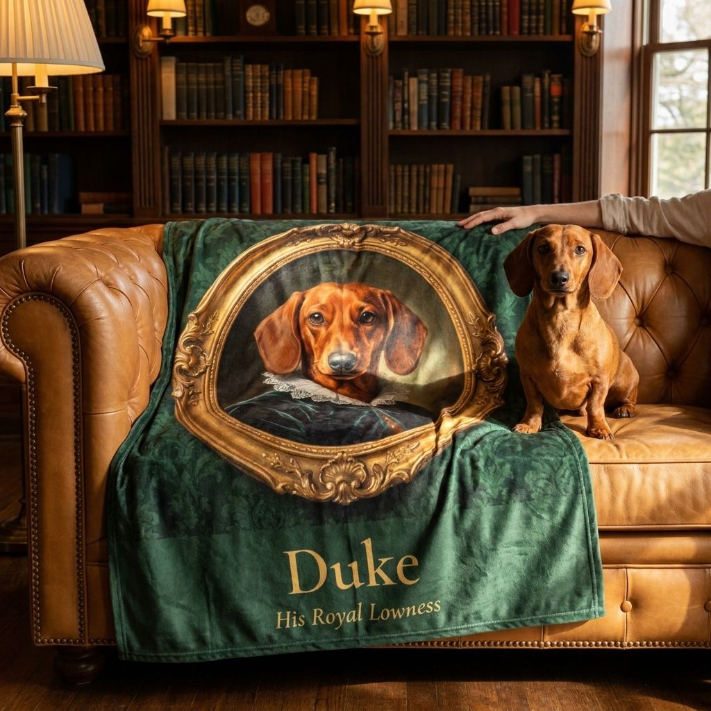 Dachshund on a leather sofa next to his Royal-style custom pet portrait blanket named Duke