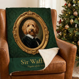 Custom Royal pet portrait sherpa blanket on a leather armchair with one corner turned back to show the fluffy sherpa reverse