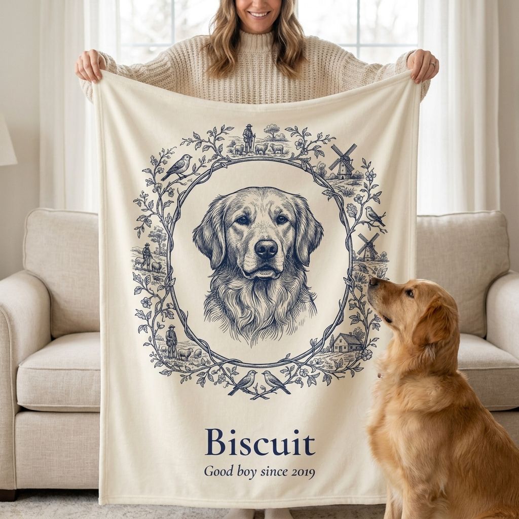 Woman holding up a custom Toile-style pet portrait blanket of her golden retriever Biscuit while he looks up at it