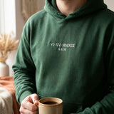 Forest green Roman numeral hoodie with VI XV MMXIX and A & M embroidered in white thread