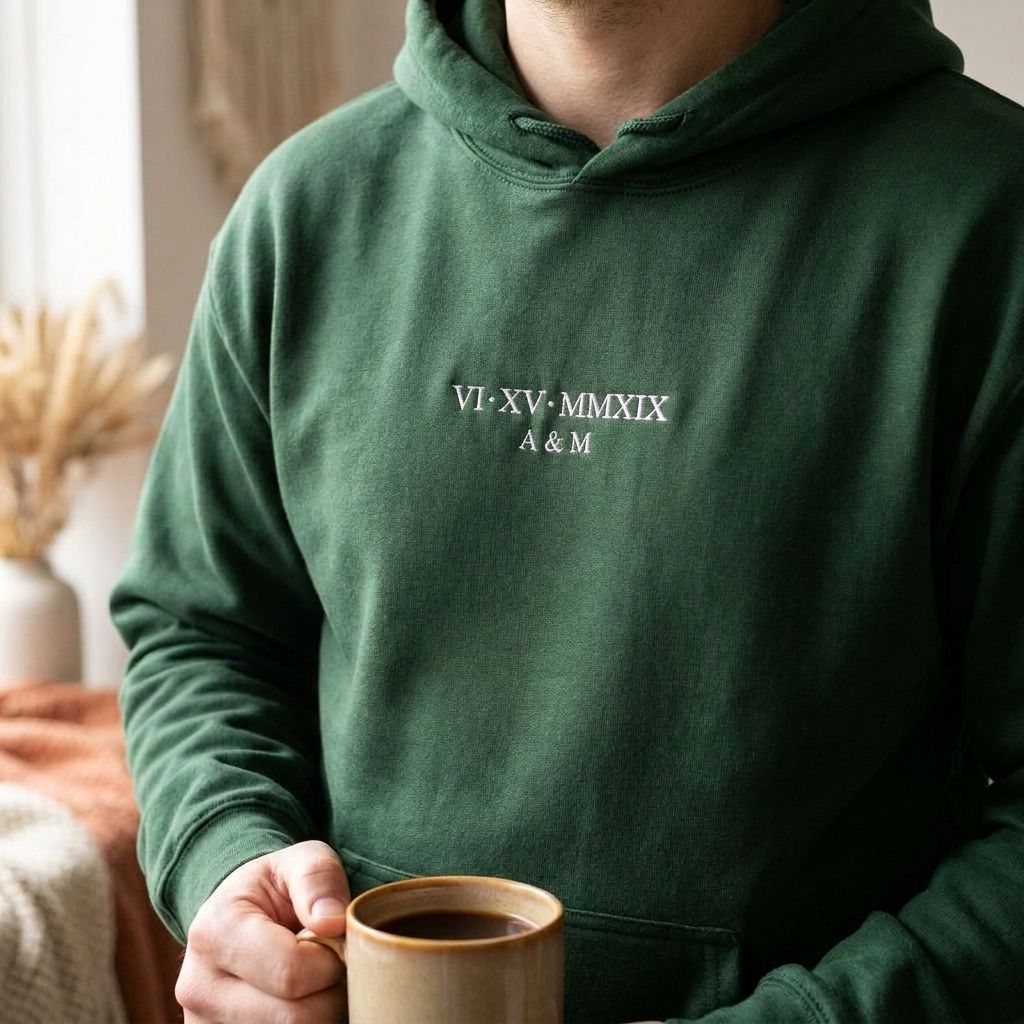 Forest green Roman numeral hoodie with VI XV MMXIX and A & M embroidered in white thread
